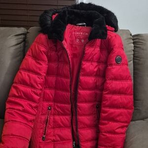 Nautica Women's Red Puffer Jacket with Black Trim